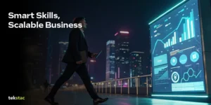 Upskilled employees driving innovation and business scaling in a modern office - Tekstac