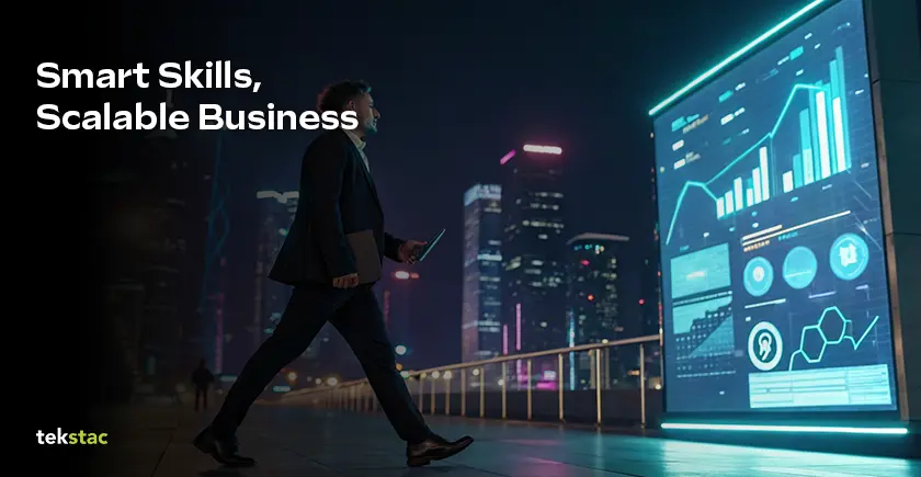 Upskilled employees driving innovation and business scaling in a modern office - Tekstac